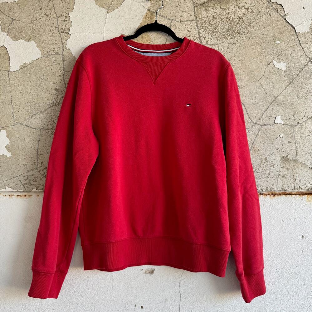 Tommy Hilfiger Sweatshirt Mens L Embroidered Logo Red Crewneck Pullover Classic